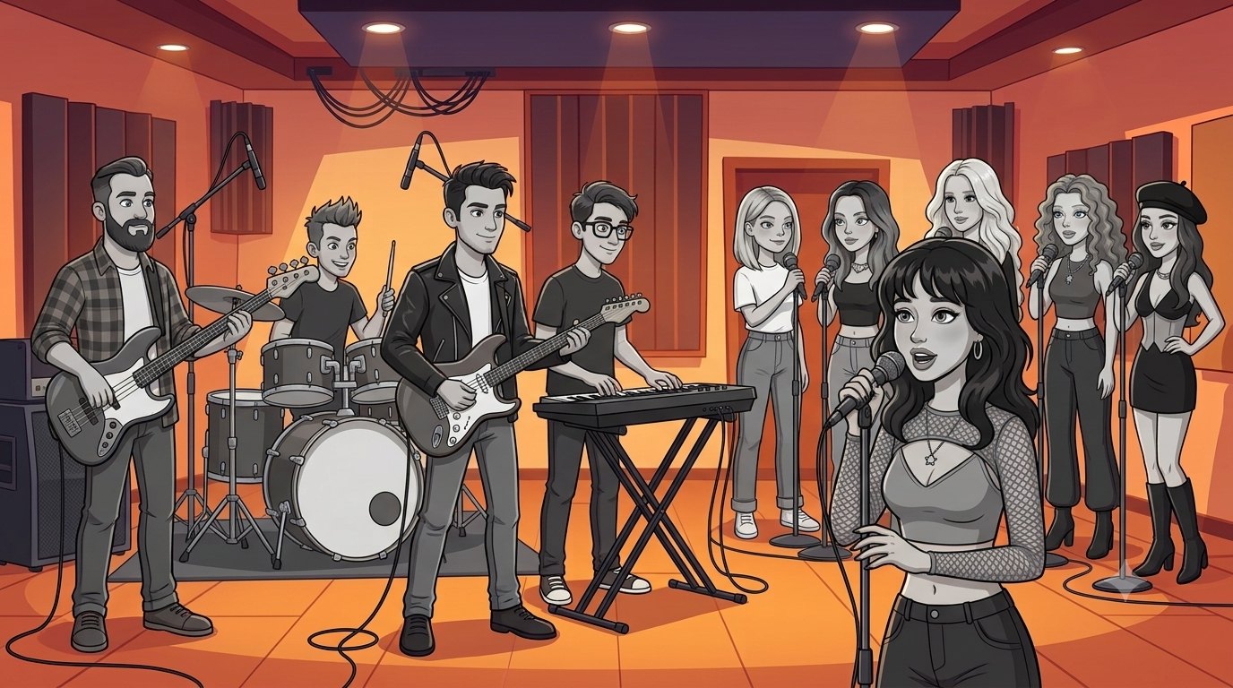 Stüdyoda çalan grup — bas, davul, gitar, klavye, vokal ve back vokaller
